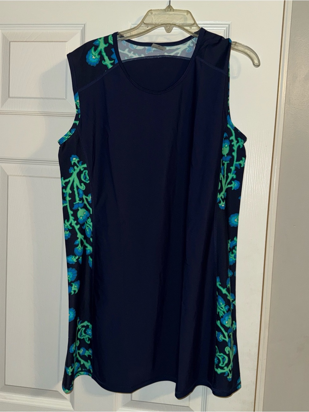 Navy One-Piece Swim Dress with Teal Floral Side Panels